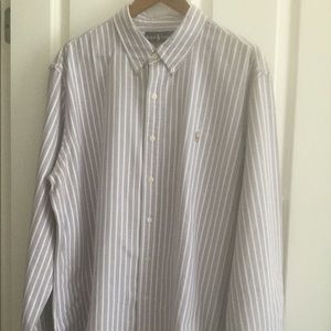 Lavender and white stripe button down shirt.